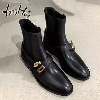 2024 Эластичная ткань Сращивание Ботинки Челси Женские Весна Осень Модные Пряжка Ремешок Искусственная Кожа Лаконичные Современные Туфли 35
