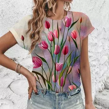 2024 Элегантная женская футболка, модная футболка с художественным цветочным узором, женская футболка с короткими рукавами, летняя футболка для отдыха S