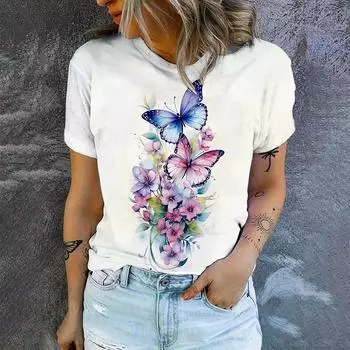 2024 Элегантная женская футболка, модная художественная футболка с узором бабочки, женская футболка с короткими рукавами, летняя футболка для отдыха S