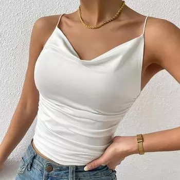 2024 Элегантный женский облегающий темпераментный трикотажный топ с высоким эластичным воротом и бретельками-спагетти L