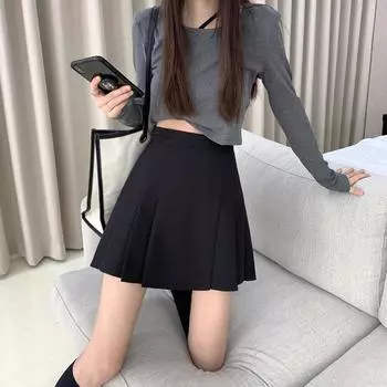 2024 Юбка мини А-силуэта с высокой талией, плиссированная, серая, для женщин - Стройнящий корейский стиль 3XL