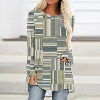 2024 Юбка с геометрическим квадратным принтом, повседневный стиль, минималистичное платье, летняя новинка для женщин, круглый вырез, длинный рукав, средняя длина S