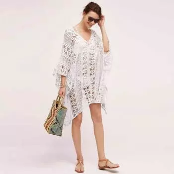 2024 Кафтан Пляж Парео Пляжная Одежда Купальник Плайя Туники для Пляжа Туника Купальники Женские Кружева One Size белый