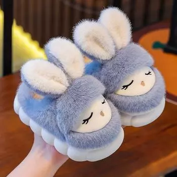 2024 Kawaii кролик пушистые тапочки детские зимние тапочки для девочек и мальчиков обувь пушистые тапочки с ушками кролика детские теплые шлепанцы CN24-25 inner 15cm розовый