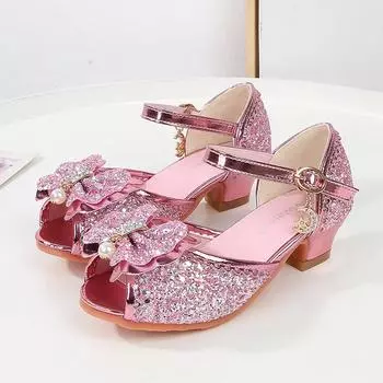 2024 Kids Sandal Girls Summer Sequins Princess Dress Sandals Fashion Sweet Bowtie Glitter Children High Heels for Wedding Party 25 золотой