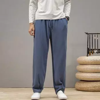 2024 Китайский стиль Мужские повседневные льняные брюки Мужские однотонные шаровары Мужские свободные прямые брюки для бега с эластичной резинкой на талии 5XL темно серый