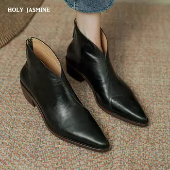 2024 Классические осенние ботинки Женские высококачественные туфли из натуральной кожи для женщин Ботильоны с острым носком Массивные ботинки в стиле вестерн 34 чёрный