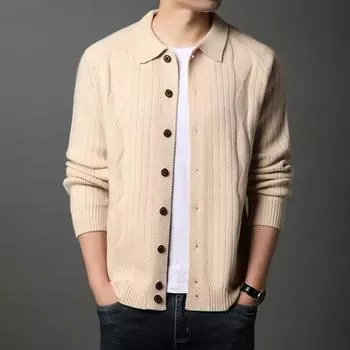 2024 Классический однотонный свитер, мужская куртка, винтажный кардиган с пуговицами и лацканами, трикотажное пальто для мужчин, зимний теплый тонкий свитер M чёрный