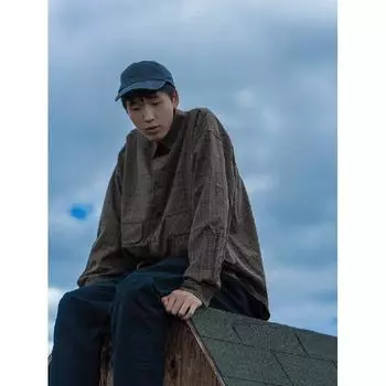 2024 Клетчатая рубашка с длинным рукавом в японском стиле Гонконга Ins Свободная рубашка для мальчиков Летнее модное универсальное повседневное пальто M хаки