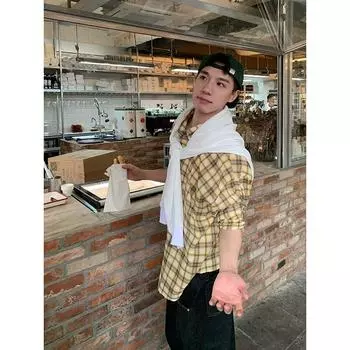 2024 Клетчатая рубашка с длинным рукавом в японском стиле Гонконга Ins Свободная рубашка для мальчиков Летнее модное универсальное повседневное пальто M жёлтый