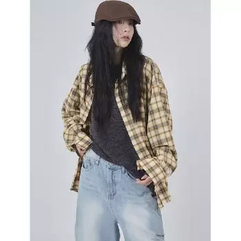 2024 Клетчатая рубашка с длинным рукавом в японском стиле Гонконга Ins Свободная рубашка для мальчиков Летнее модное универсальное повседневное пальто M жёлтый