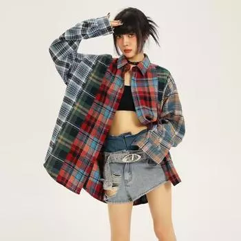 2024 Клетчатая рубашка с длинным рукавом в японском стиле Гонконга Ins Свободная рубашка для мальчиков Летнее модное универсальное повседневное пальто M красный