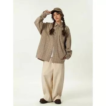 2024 Клетчатая рубашка с длинным рукавом в японском стиле Гонконга Ins Свободная рубашка для мальчиков Летнее модное универсальное повседневное пальто M хаки