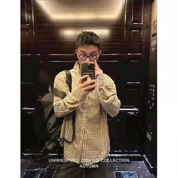 2024 Клетчатая рубашка с длинным рукавом в японском стиле Гонконга Ins Свободная рубашка для мальчиков Летнее модное универсальное повседневное пальто M хаки