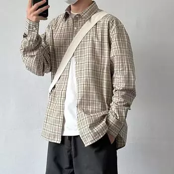 2024 Клетчатая рубашка с длинным рукавом в японском стиле Гонконга Ins Свободная рубашка для мальчиков Летнее модное универсальное повседневное пальто M хаки