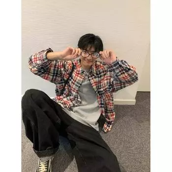 2024 Клетчатая рубашка с длинным рукавом в японском стиле Гонконга Ins Свободная рубашка для мальчиков Летнее модное универсальное повседневное пальто M красный