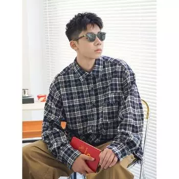 2024 Клетчатая рубашка с длинным рукавом в японском стиле Гонконга Ins Свободная рубашка для мальчиков Летнее модное универсальное повседневное пальто M чёрный