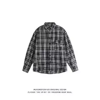 2024 Клетчатая рубашка с длинным рукавом в японском стиле Гонконга Ins Свободная рубашка для мальчиков Летнее модное универсальное повседневное пальто M чёрный