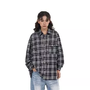 2024 Клетчатая рубашка с длинным рукавом в японском стиле Гонконга Ins Свободная рубашка для мальчиков Летнее модное универсальное повседневное пальто M чёрный