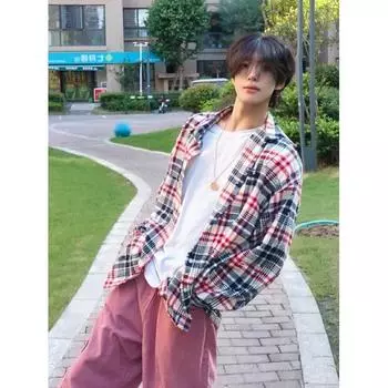 2024 Клетчатая рубашка с длинным рукавом в японском стиле Гонконга Ins Свободная рубашка для мальчиков Летнее модное универсальное повседневное пальто M красный