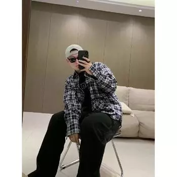 2024 Клетчатая рубашка с длинным рукавом в японском стиле Гонконга Ins Свободная рубашка для мальчиков Летнее модное универсальное повседневное пальто M чёрный