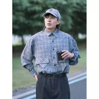 2024 Клетчатая рубашка с длинным рукавом в японском стиле Гонконга Ins Свободная рубашка для мальчиков Летнее модное универсальное повседневное пальто M хаки