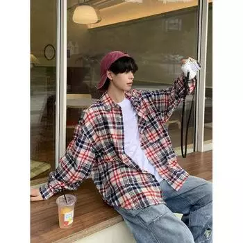 2024 Клетчатая рубашка с длинным рукавом в японском стиле Гонконга Ins Свободная рубашка для мальчиков Летнее модное универсальное повседневное пальто M красный