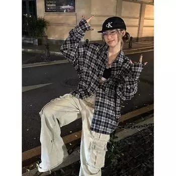 2024 Клетчатая рубашка с длинным рукавом в японском стиле Гонконга Ins Свободная рубашка для мальчиков Летнее модное универсальное повседневное пальто M чёрный