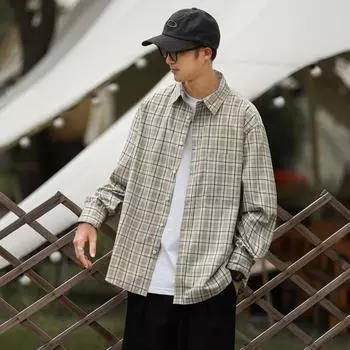 2024 Клетчатая рубашка с длинным рукавом в японском стиле Гонконга Ins Свободная рубашка для мальчиков Летнее модное универсальное повседневное пальто M хаки