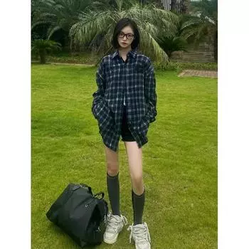 2024 Клетчатая рубашка с длинным рукавом в японском стиле Гонконга Ins Свободная рубашка для мальчиков Летнее модное универсальное повседневное пальто M синий