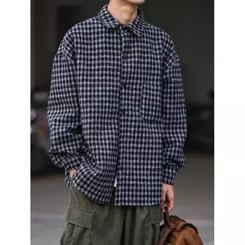2024 Клетчатая рубашка с длинным рукавом в японском стиле Гонконга Ins Свободная рубашка для мальчиков Летнее модное универсальное повседневное пальто M чёрный
