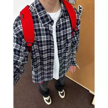 2024 Клетчатая рубашка с длинным рукавом в японском стиле Гонконга Ins Свободная рубашка для мальчиков Летнее модное универсальное повседневное пальто M чёрный