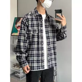2024 Клетчатая рубашка с длинным рукавом в японском стиле Гонконга Ins Свободная рубашка для мальчиков Летнее модное универсальное повседневное пальто M чёрный