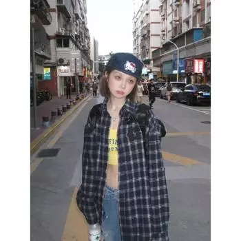 2024 Клетчатая рубашка с длинным рукавом в японском стиле Гонконга Ins Свободная рубашка для мальчиков Летнее модное универсальное повседневное пальто M синий