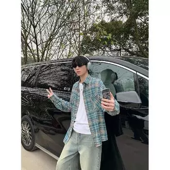 2024 Клетчатая рубашка с длинным рукавом в японском стиле Гонконга Ins Свободная рубашка для мальчиков Летнее модное универсальное повседневное пальто M красный