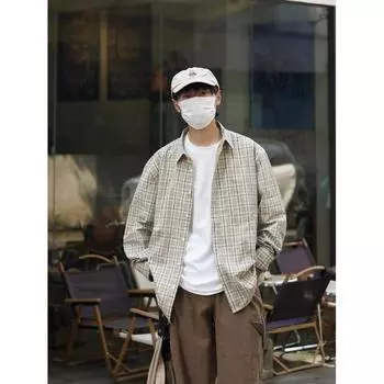 2024 Клетчатая рубашка с длинным рукавом в японском стиле Гонконга Ins Свободная рубашка для мальчиков Летнее модное универсальное повседневное пальто M хаки