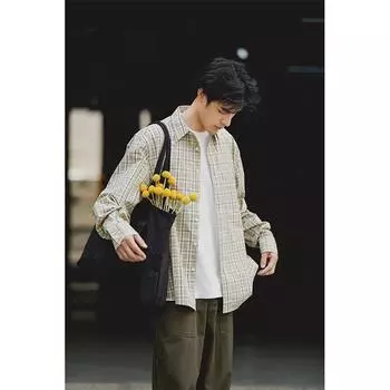 2024 Клетчатая рубашка с длинным рукавом в японском стиле Гонконга Ins Свободная рубашка для мальчиков Летнее модное универсальное повседневное пальто M хаки