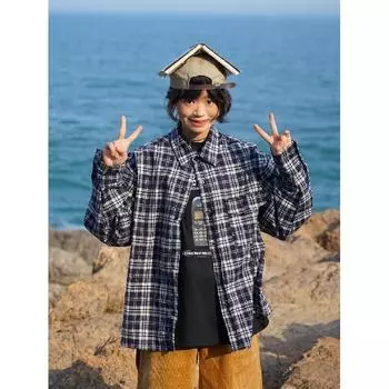 2024 Клетчатая рубашка с длинным рукавом в японском стиле Гонконга Ins Свободная рубашка для мальчиков Летнее модное универсальное повседневное пальто M чёрный