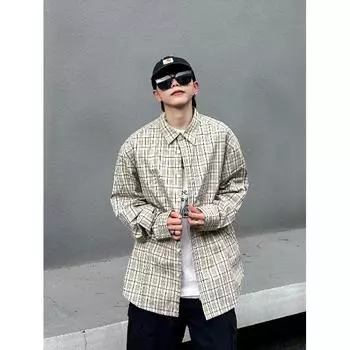 2024 Клетчатая рубашка с длинным рукавом в японском стиле Гонконга Ins Свободная рубашка для мальчиков Летнее модное универсальное повседневное пальто M хаки