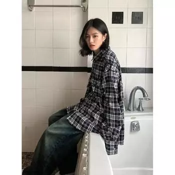 2024 Клетчатая рубашка с длинным рукавом в японском стиле Гонконга Ins Свободная рубашка для мальчиков Летнее модное универсальное повседневное пальто M чёрный