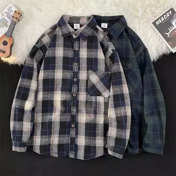 2024 Клетчатая рубашка с длинным рукавом в японском стиле Гонконга Ins Свободная рубашка для мальчиков Летнее модное универсальное повседневное пальто M коричневый