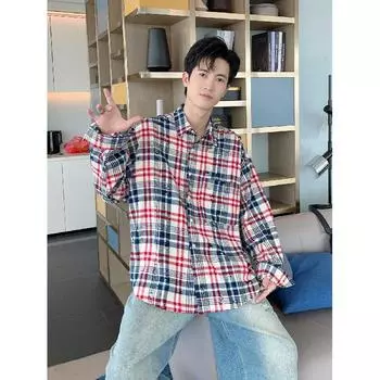 2024 Клетчатая рубашка с длинным рукавом в японском стиле Гонконга Ins Свободная рубашка для мальчиков Летнее модное универсальное повседневное пальто M красный
