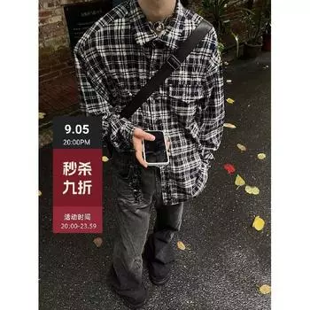 2024 Клетчатая рубашка с длинным рукавом в японском стиле Гонконга Ins Свободная рубашка для мальчиков Летнее модное универсальное повседневное пальто M чёрный