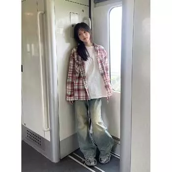 2024 Клетчатая рубашка с длинным рукавом в японском стиле Гонконга Ins Свободная рубашка для мальчиков Летнее модное универсальное повседневное пальто M красный