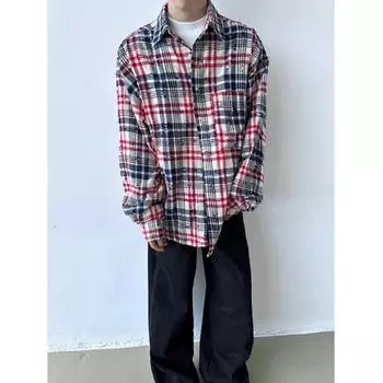 2024 Клетчатая рубашка с длинным рукавом в японском стиле Гонконга Ins Свободная рубашка для мальчиков Летнее модное универсальное повседневное пальто M красный