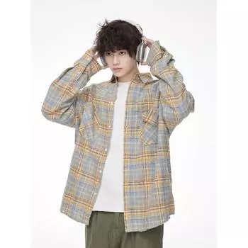 2024 Клетчатая рубашка с длинным рукавом в японском стиле Гонконга Ins Свободная рубашка для мальчиков Летнее модное универсальное повседневное пальто M красный