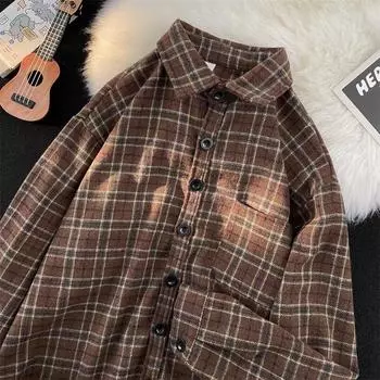 2024 Клетчатая рубашка с длинным рукавом в японском стиле Гонконга Ins Свободная рубашка для мальчиков Летнее модное универсальное повседневное пальто M