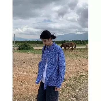 2024 Клетчатая рубашка с длинным рукавом в японском стиле Гонконга Ins Свободная рубашка для мальчиков Летнее модное универсальное повседневное пальто M синий