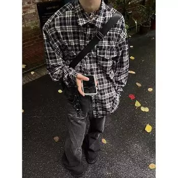2024 Клетчатая рубашка с длинным рукавом в японском стиле Гонконга Ins Свободная рубашка для мальчиков Летнее модное универсальное повседневное пальто M чёрный