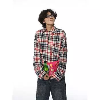 2024 Клетчатая рубашка с длинным рукавом в японском стиле Гонконга Ins Свободная рубашка для мальчиков Летнее модное универсальное повседневное пальто M красный